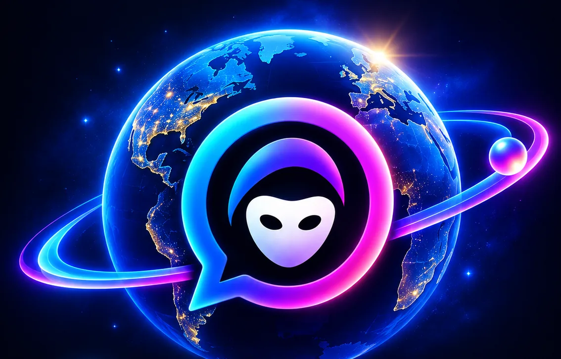 Orbit36ty logo: a glowing globe with a chat bubble containing an anonymous mask, circled by a neon orbit